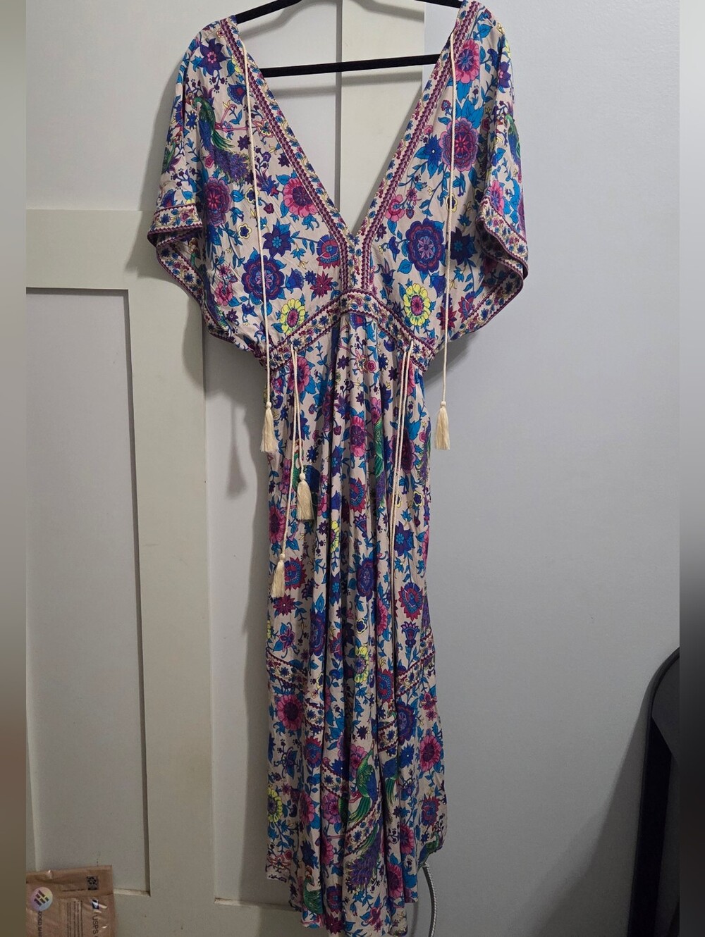 R. Vivimos - Boho V-Neck Maxi Dress in Cream with Multicolor Floral Print